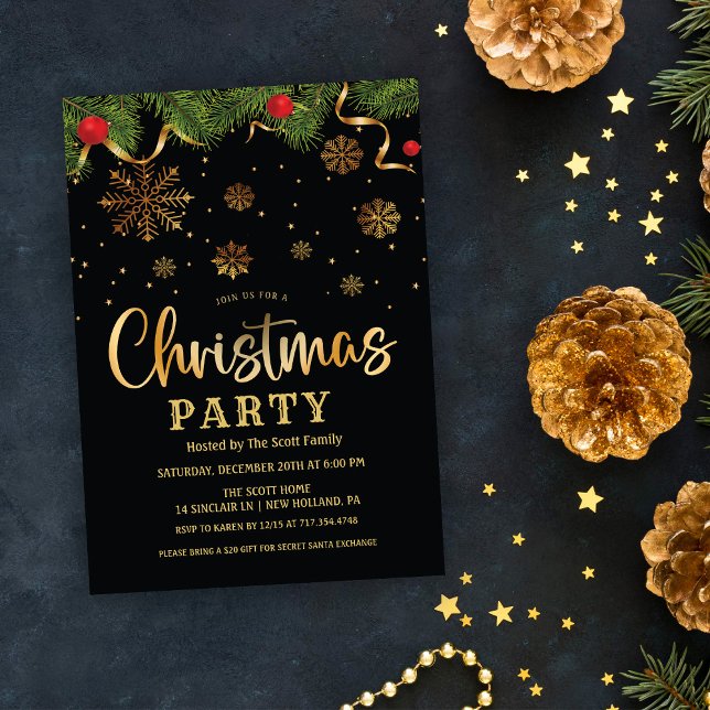 Christmas Party Black and Gold Snowflakes Invitation (Creator Uploaded)