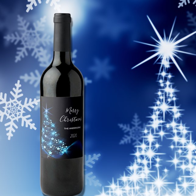 Christmas party black blue modern shining tree wine label (Creator Uploaded)