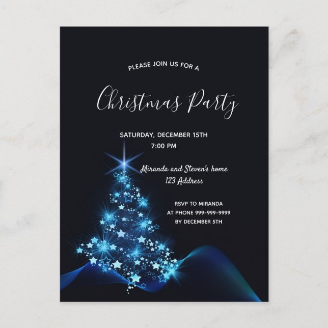 Christmas party black blue modern tree invitation postcard (Front)