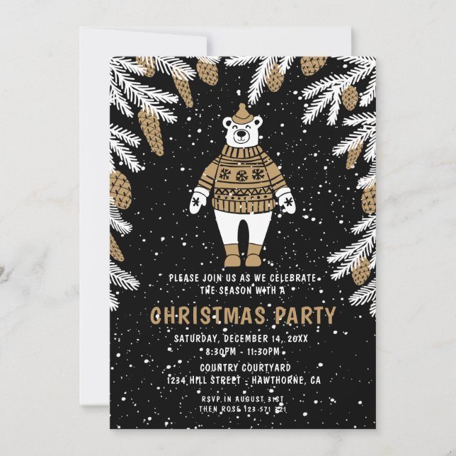 Christmas Party black & gold Bear Invitation (Front)