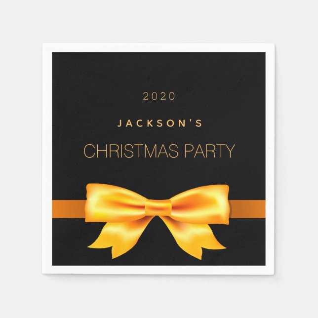 Christmas party black gold elegant bow family name napkin (Front)