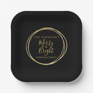 Christmas Party Black Gold Family Name Paper Plate