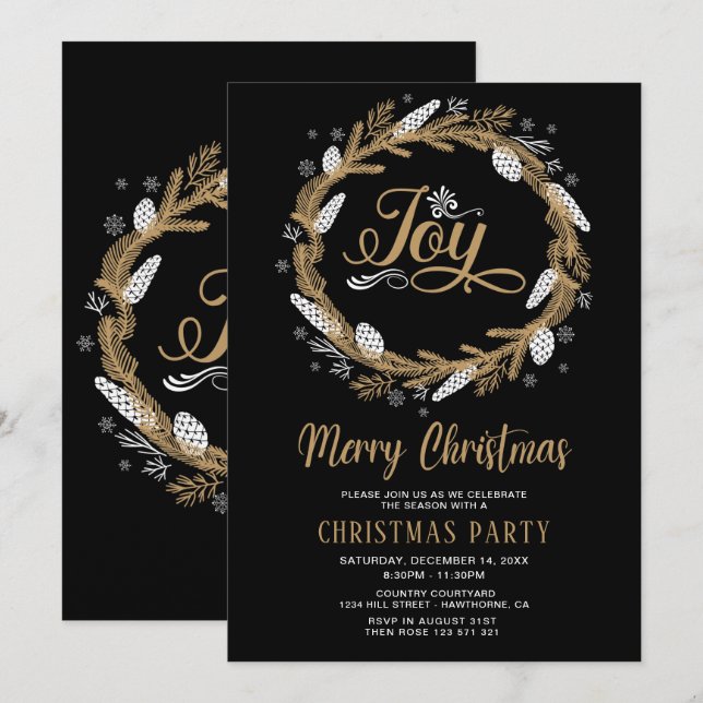 Christmas Party black & gold Joy Invitation (Front/Back)