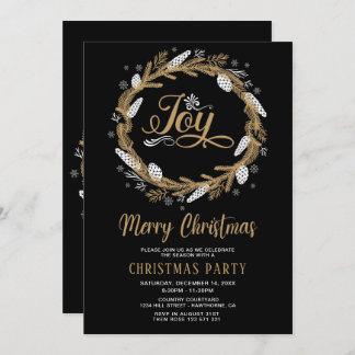 Christmas Party black & gold Joy Invitation
