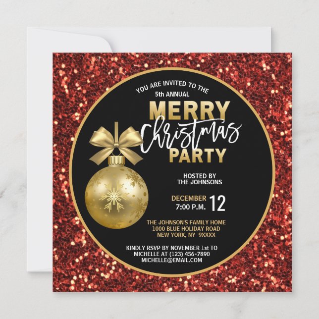 Christmas PARTY Black Gold Red Glitter Bauble Invitation (Front)