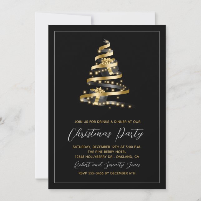 Christmas Party Black Gold Tree Invitation (Front)