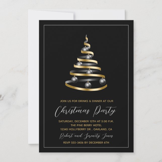 Christmas Party Black Gold Tree Invitation (Front)