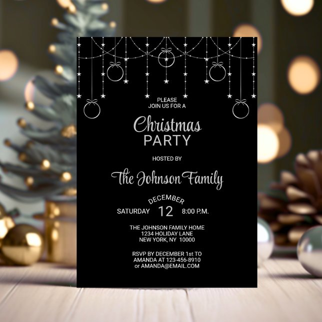 CHRISTMAS PARTY Black Silver Glitter Stars Invitation (CHRISTMAS PARTY Black Silver Glitter Stars Invitation)