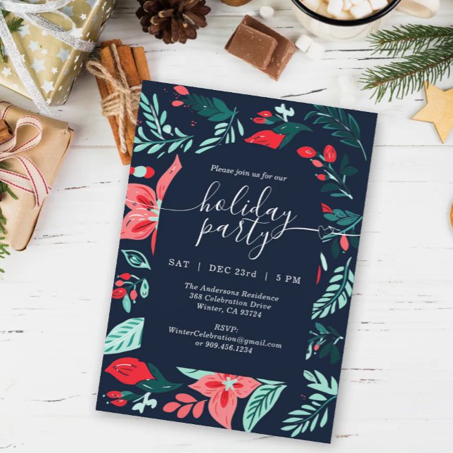 Christmas Party Blue Botanical Red Floral   Invitation (Creator Uploaded)