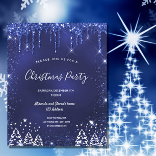 Christmas party blue glitter invitation