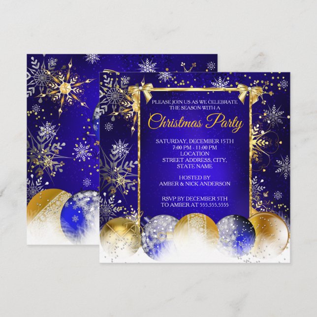 Christmas Party Blue Gold Bauble Snowflake Invitation (Front/Back)