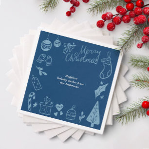 Christmas Party Blue Hand Drawn Doodles Festive Napkin