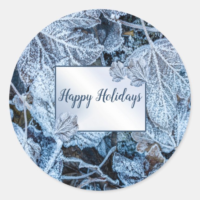 Christmas Party Blue Leaves Snow Holidays Winter Classic Round Sticker (Front)
