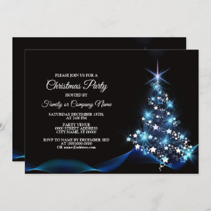 Christmas Party Blue Shiny Tree Black Elegant Invitation