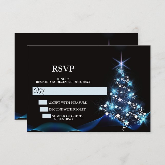 Christmas Party Blue Shiny Tree Black Elegant RSVP Card (Front/Back)