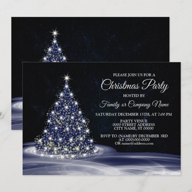 Christmas Party Blue Shiny Tree Winter Navy Invitation (Front/Back)