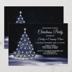 Christmas Party Blue Shiny Tree Winter Navy Invitation