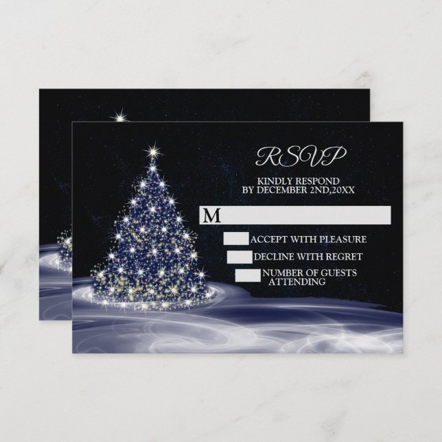 Christmas Party Blue Shiny Tree Winter Navy RSVP Card (Front/Back)