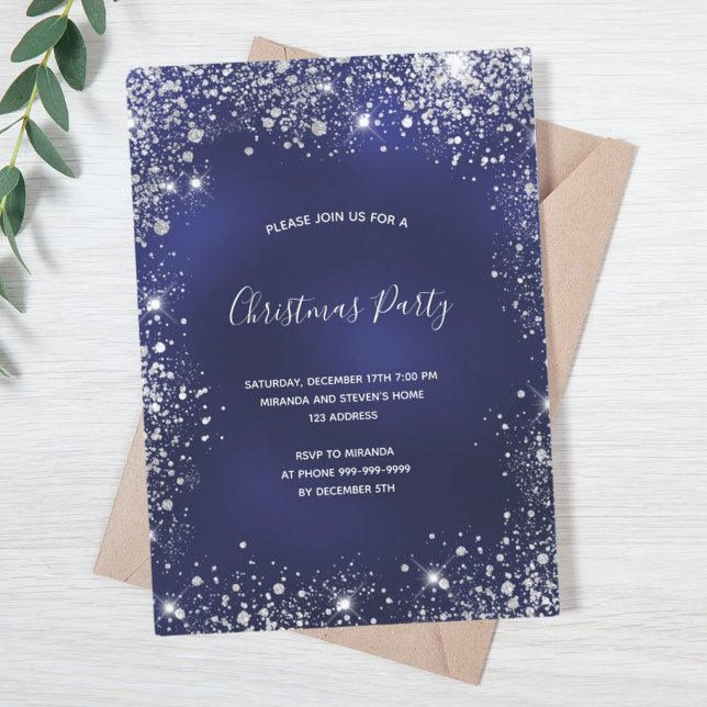 Christmas Party blue silver glitter sparkle Invitation (Creator Uploaded)