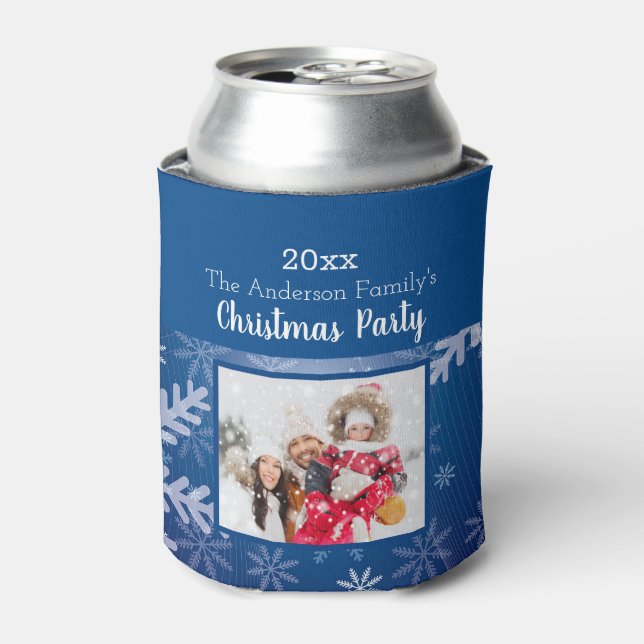 Christmas party blue snowflakes winter photo can cooler (Can Front)