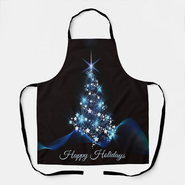 Christmas Party Blue Tree Shiny Black Elegant Apron (Front)