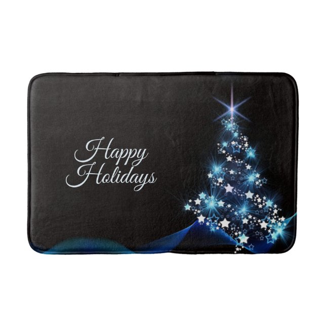 Christmas Party Blue Tree Shiny Black Elegant Bath Mat (Front)