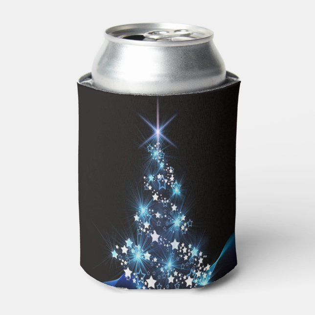 Christmas Party Blue Tree Shiny Black Elegant Can Cooler (Can Front)