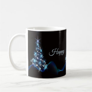 Christmas Party Blue Tree Shiny Black Elegant Coffee Mug