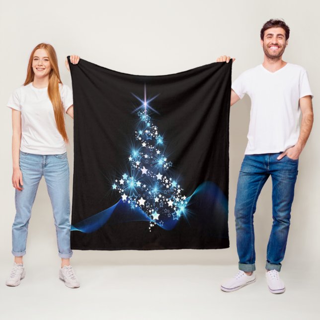 Christmas Party Blue Tree Shiny Black Elegant Fleece Blanket (In Situ)