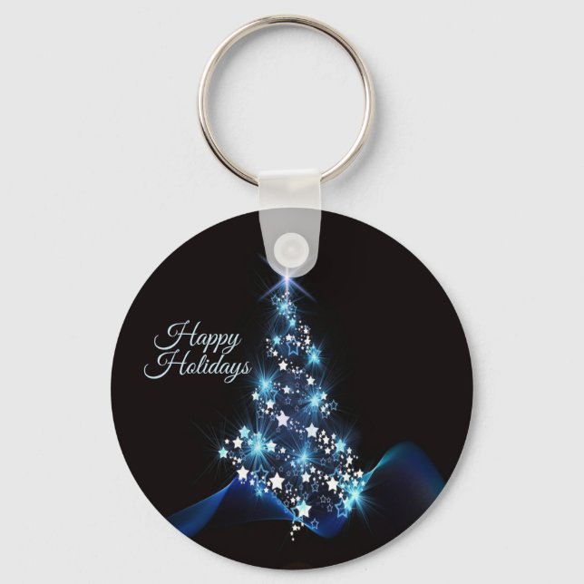 Christmas Party Blue Tree Shiny Black Elegant Key Ring (Front)