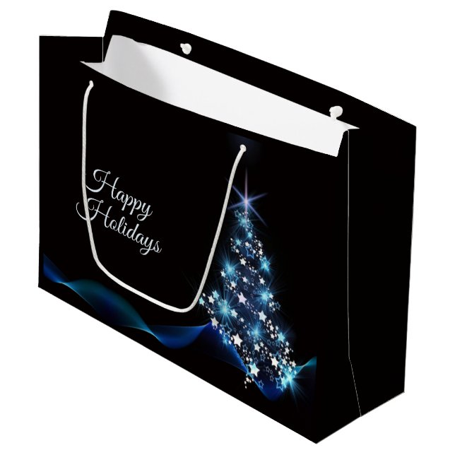 Christmas Party Blue Tree Shiny Black Elegant Large Gift Bag (Front Angled)
