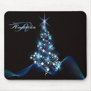 Christmas Party Blue Tree Shiny Black Elegant Mouse Mat