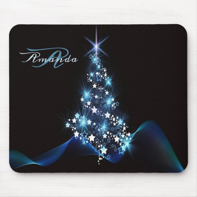Christmas Party Blue Tree Shiny Black Elegant Mouse Mat (Front)
