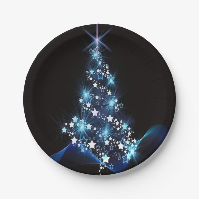 Christmas Party Blue Tree Shiny Black Elegant Paper Plate (Front)