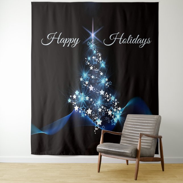 Christmas Party Blue Tree Shiny Black Elegant Tapestry (In Situ)