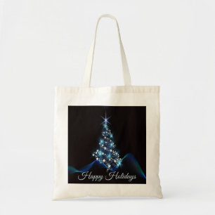 Christmas Party Blue Tree Shiny Black Elegant Tote Bag