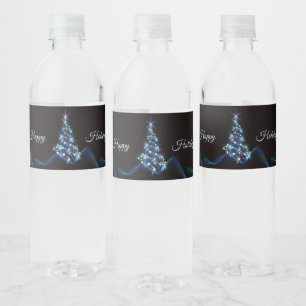 Christmas Party Blue Tree Shiny Black Elegant Water Bottle Label