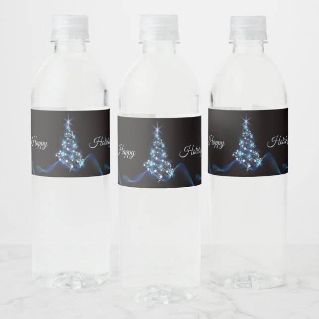 Christmas Party Blue Tree Shiny Black Elegant Water Bottle Label (Bottles)