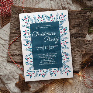 Christmas Party Blue Watercolor Botanical Invitation