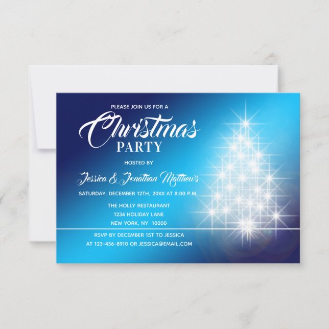 CHRISTMAS PARTY Blue White Twinkle Lights Tree Invitation (Front)