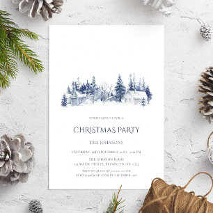 Christmas Party Blue White Village Invitation