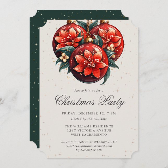 Christmas Party Botanical Ornaments Invitation (Front/Back)