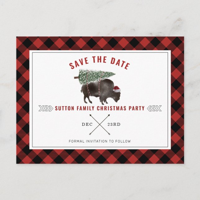 Christmas Party Buffalo Red Plaid Save The Date  Holiday Postcard (Front)
