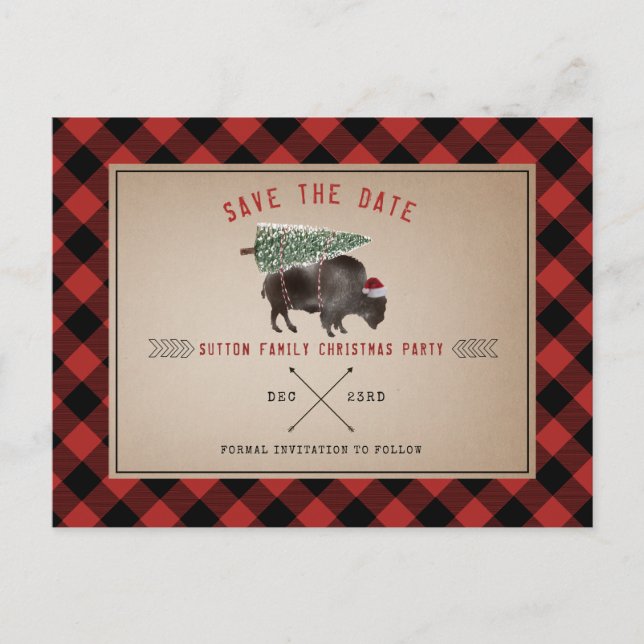 Christmas Party Buffalo Rustic Santa Save The Date Holiday Postcard (Front)