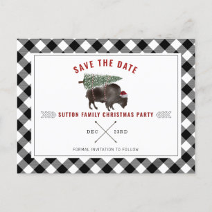 Christmas Party Buffalo Santa Plaid Save The Date Holiday Postcard