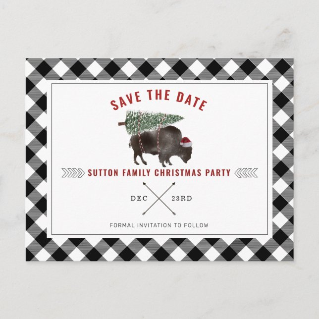 Christmas Party Buffalo Santa Plaid Save The Date Holiday Postcard (Front)