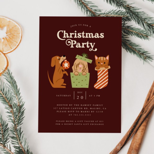 Christmas Party Cat Dog Red Invitation (Creator Uploaded)