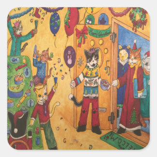 Christmas Party Cats Rectangular Sticker