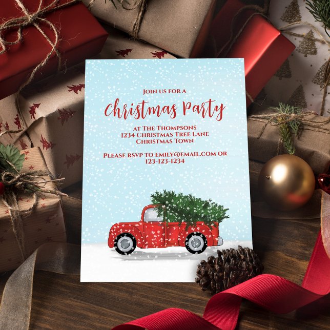 Christmas Party Classic Red Truck Invitation (Holiday cute Christmas vintage red truck invitation with freshly falling snow. )