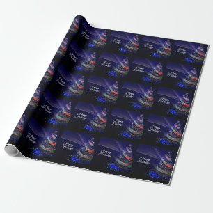 Christmas Party Colorful Tree Navy Blue Rustic Wrapping Paper